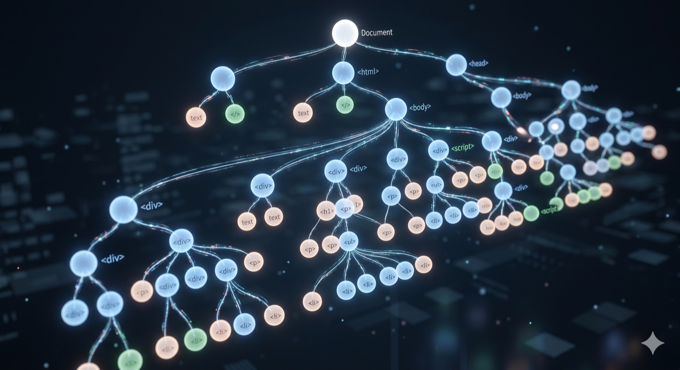 Glowing DOM tree diagram in deep space, nodes labeled Document, html, head, body, div, p, li, text, script.
